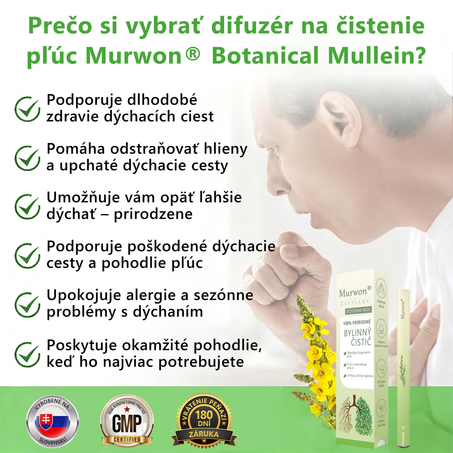 🇸🇰 Slovenské vlastníctvo a správa ✅ Murwon® bylinný difuzér na čistenie pľúc s divozelom (Mullein) 🫁 (kašeľ, faryngitída, dýchavičnosť, hlieny, upchatý nos, bronchitída, alergické príznaky, nepohodlie v pľúcach) 🌹